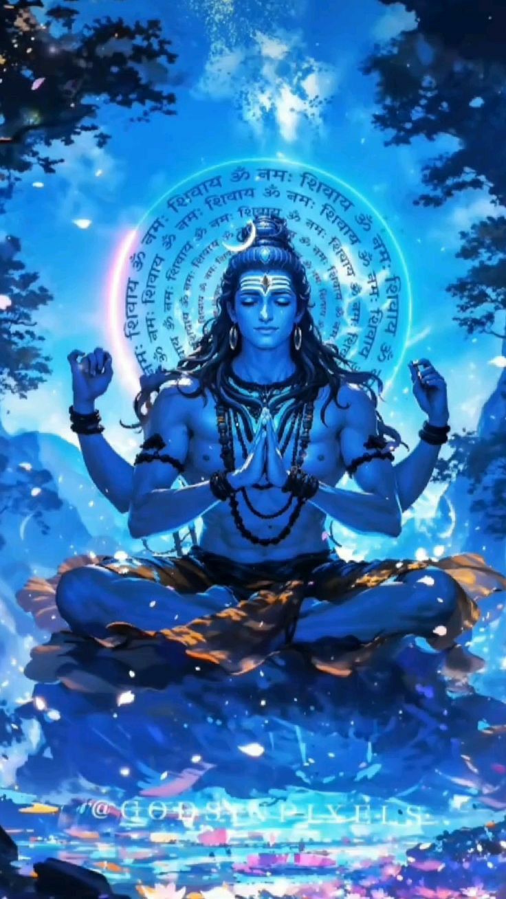 Meditating Shiva surrounded by mantras