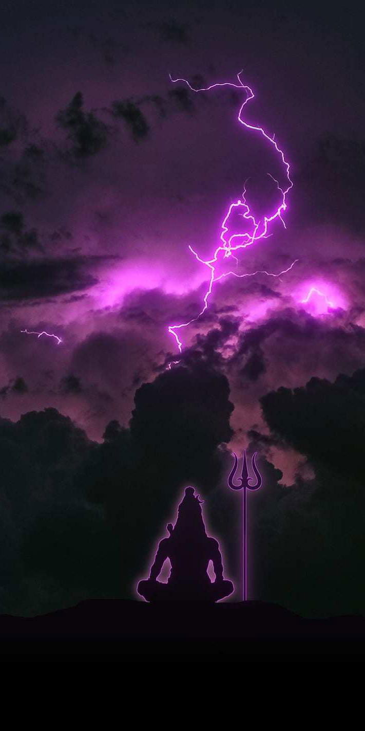 Meditating Shiva in a stormy landscape