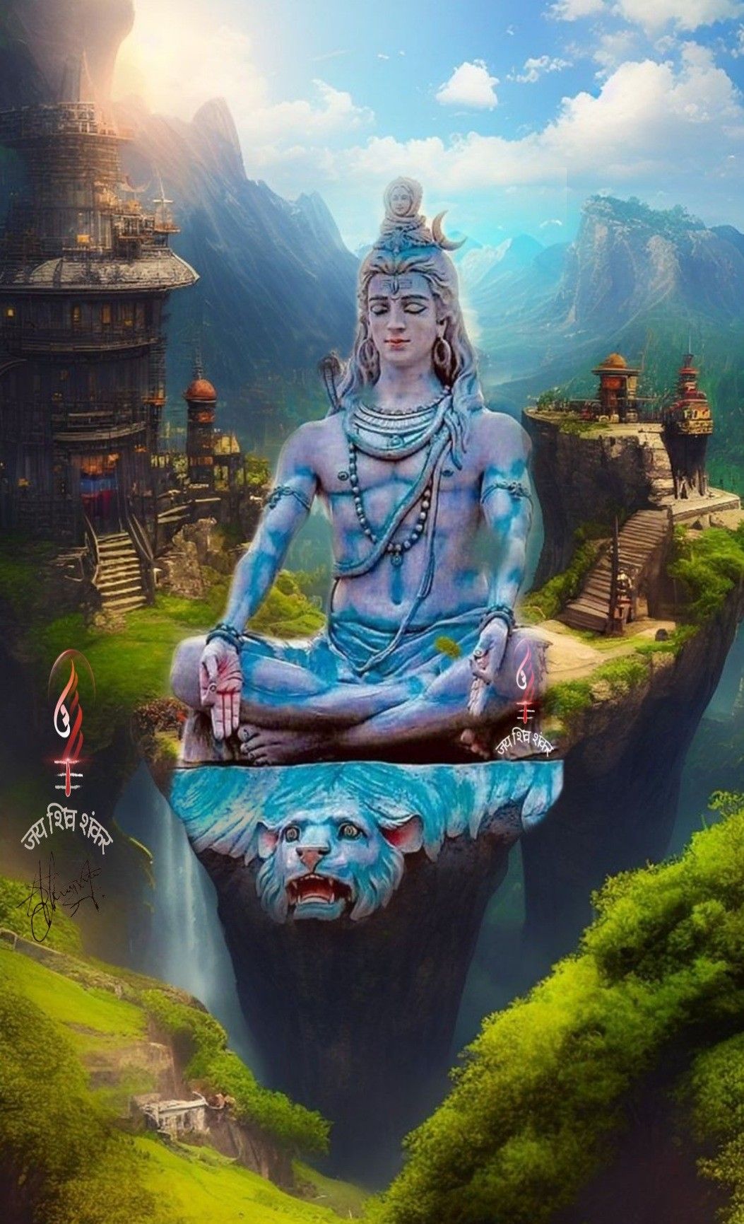 Meditating Shiva amidst mountain peaks