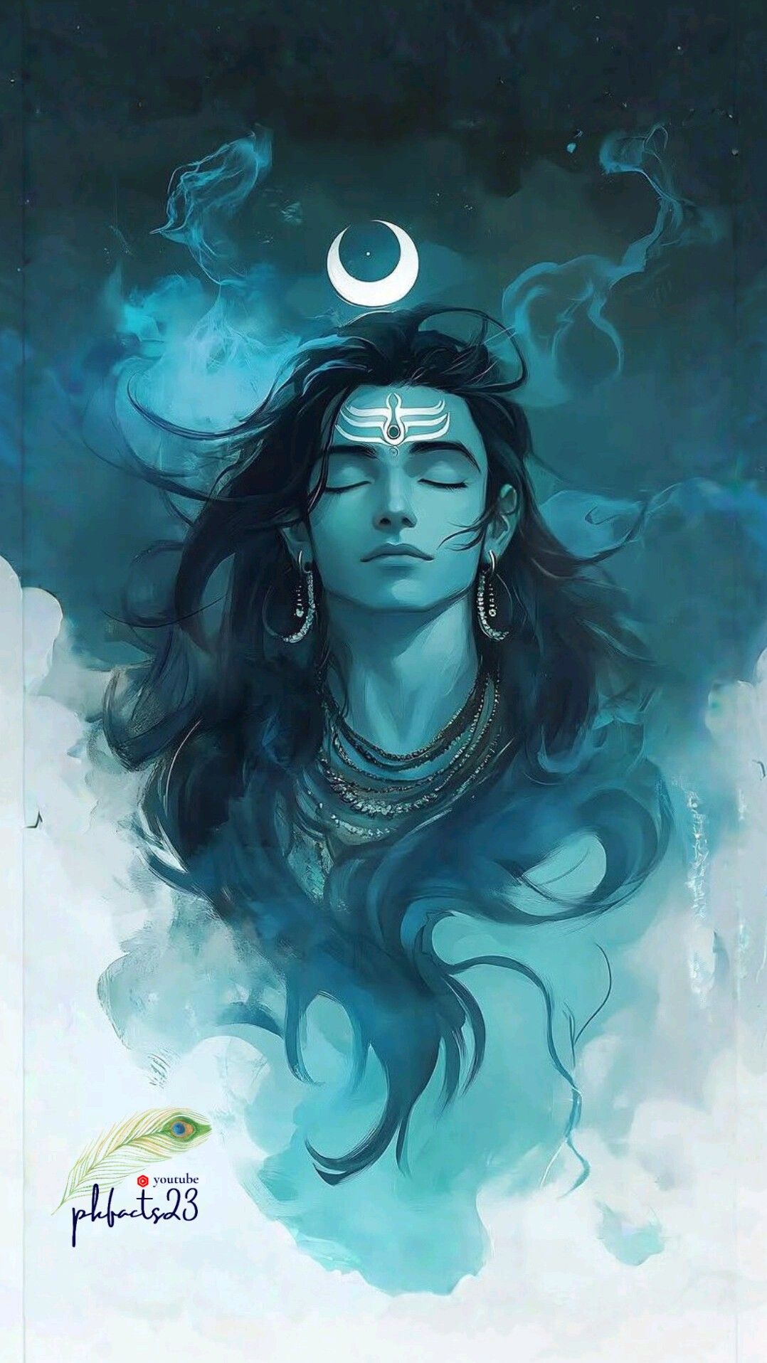 Serene Shiva with crescent moon backdrop.
