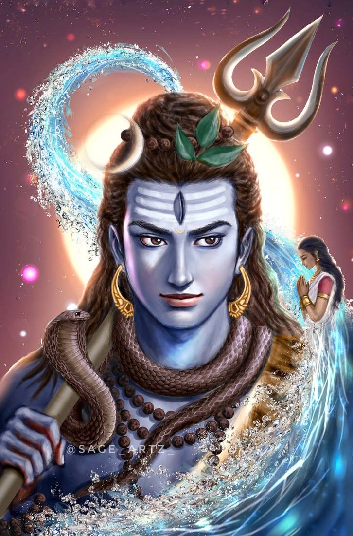 Blue-skinned Shiva with Trishul and serpent.