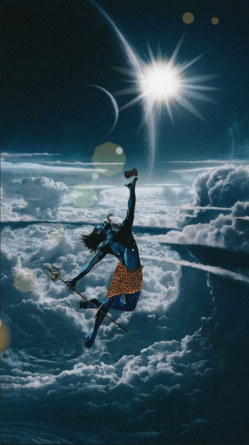 Shiva soaring through a cosmic galaxy.