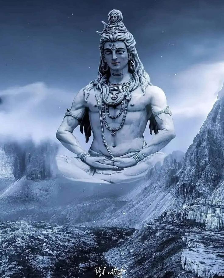 Meditating shiva amidst misty mountains