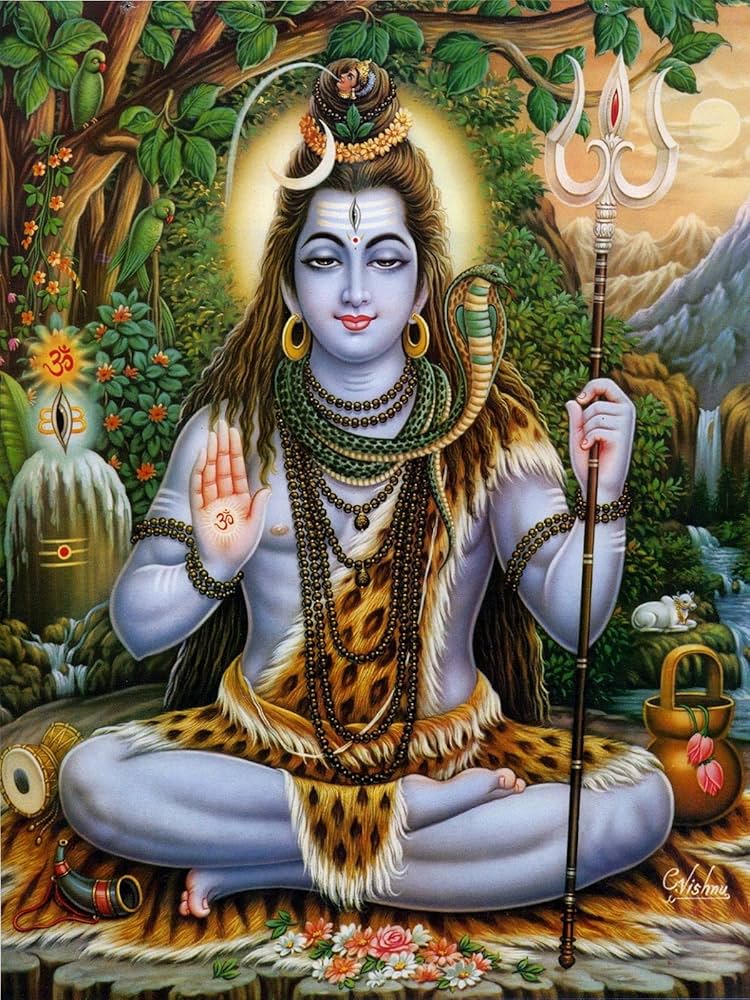 Meditating Shiva in lush forest