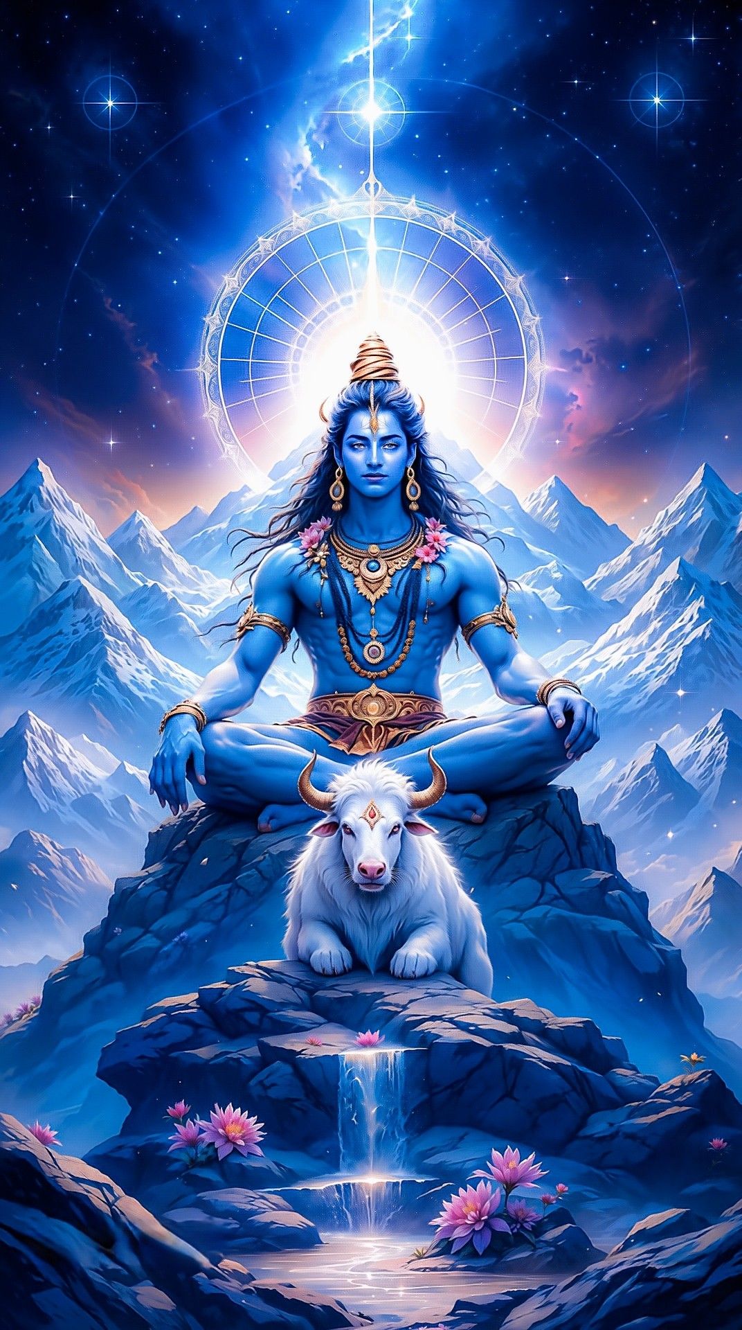 Shiva meditating in the Himalayas with Nandi