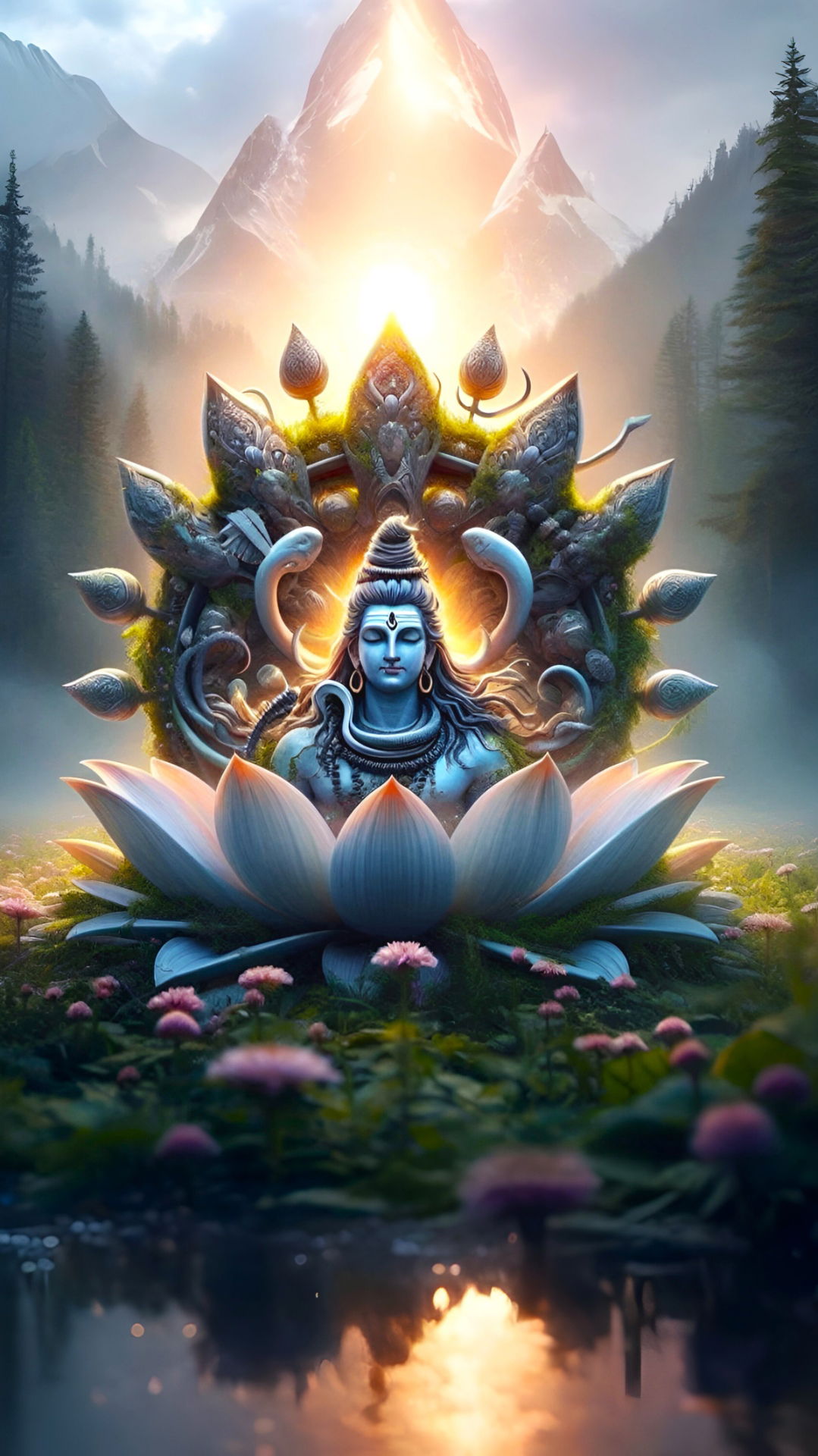 Shiva meditating on a lotus blossom.