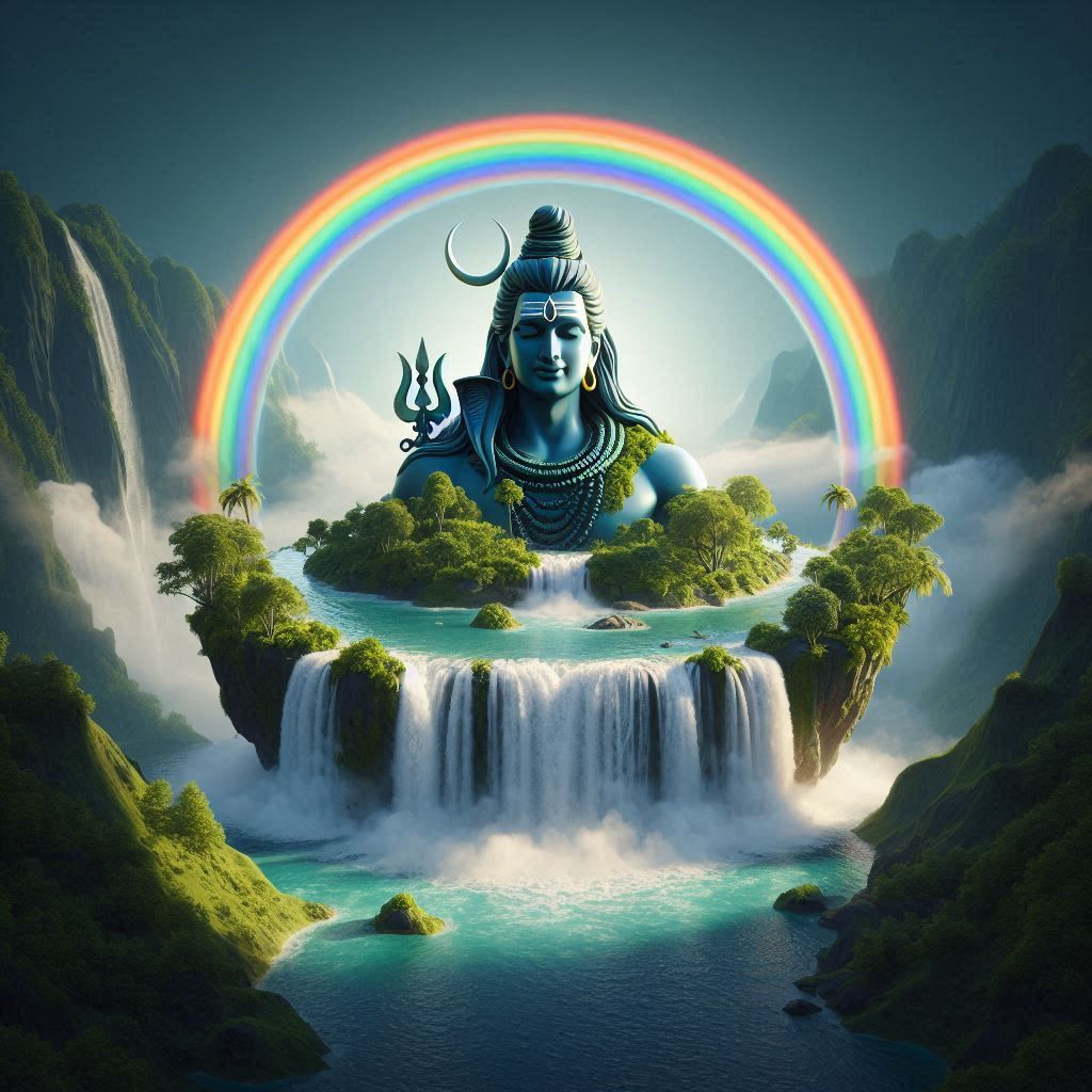 Shiva amidst rainbow and waterfall