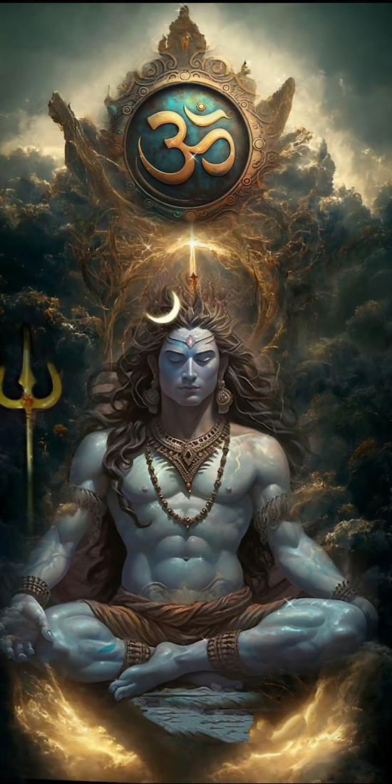 Meditating Shiva amidst celestial clouds