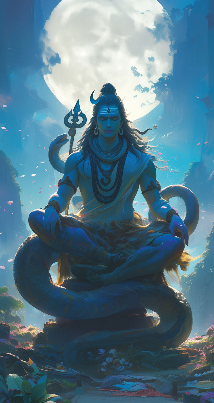 Shiva meditating under the moonlight.