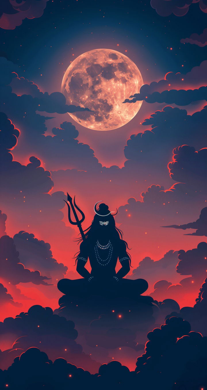 Shiva meditating under a full moon