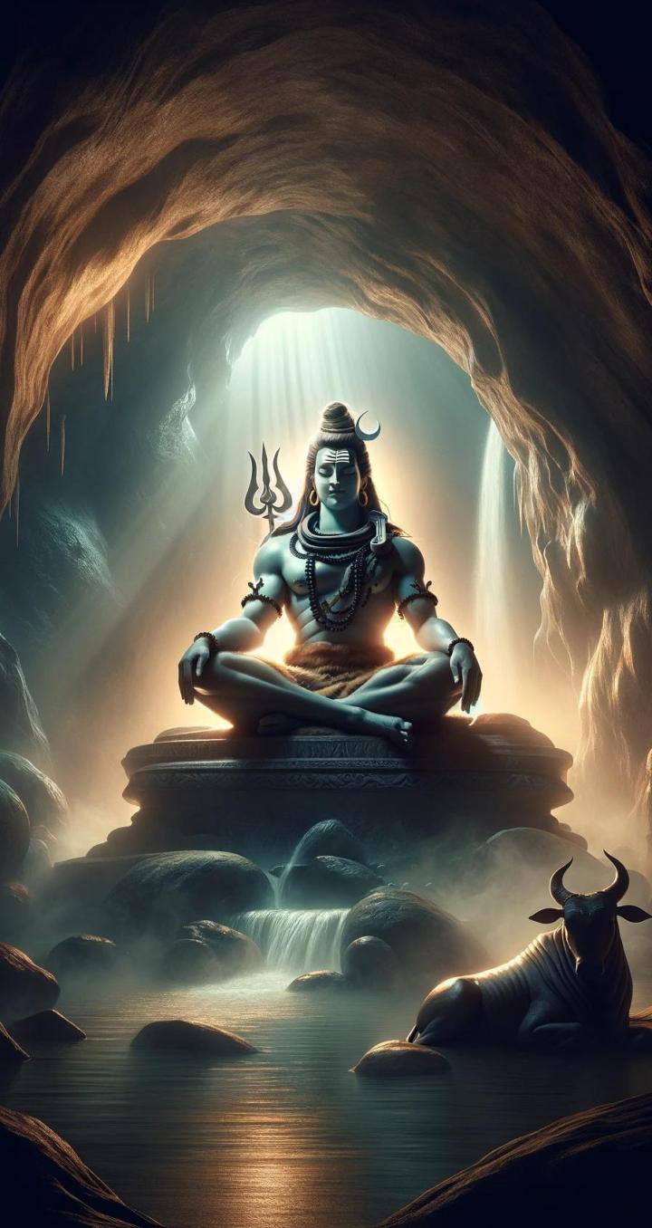 Meditating shiva in a mountain cave.
