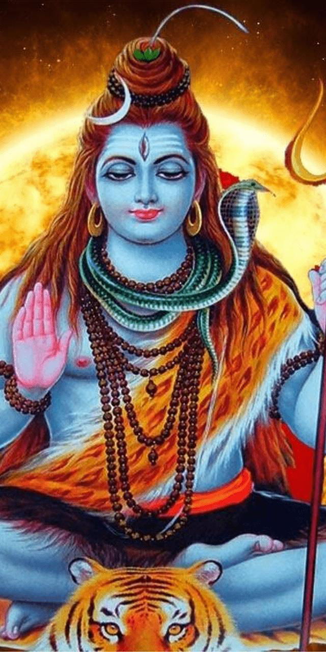 Lord Shiva meditating with tiger and Trishul
