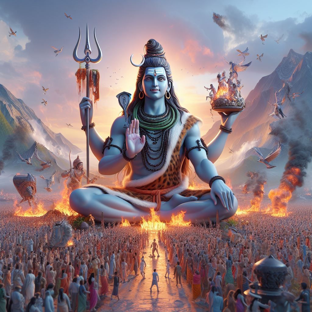 Meditating Shiva amidst mountains and devotees