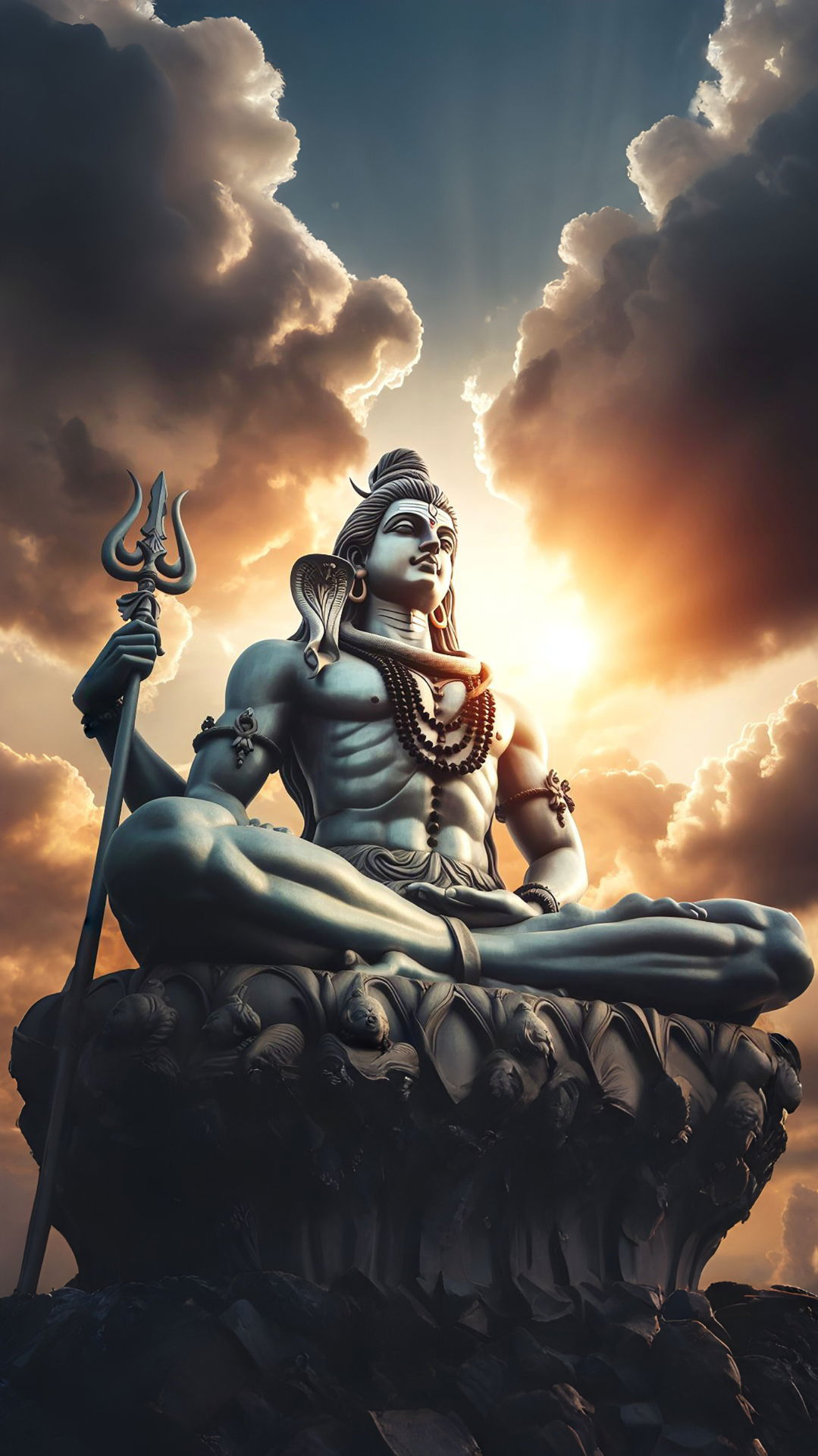 Meditating Shiva among clouds sunset