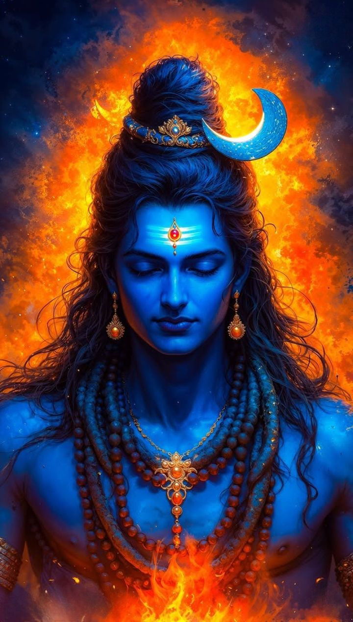 Meditating Shiva with cosmic fire backdrop
