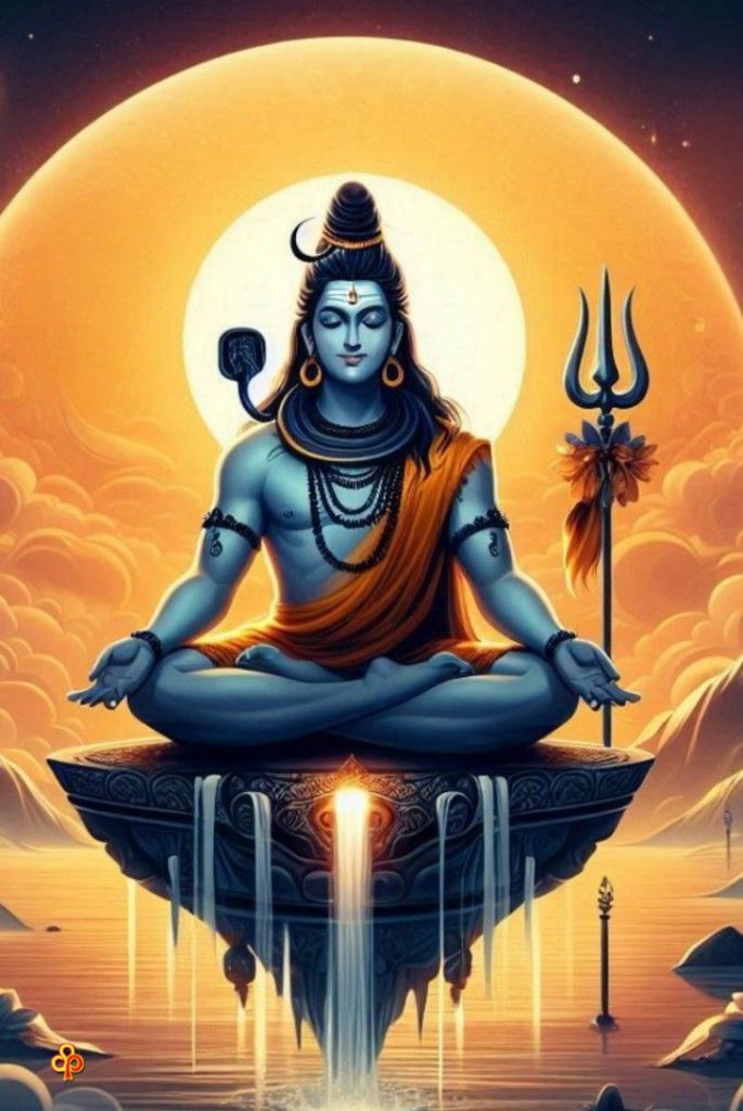 Meditating Shiva amidst celestial waterfalls