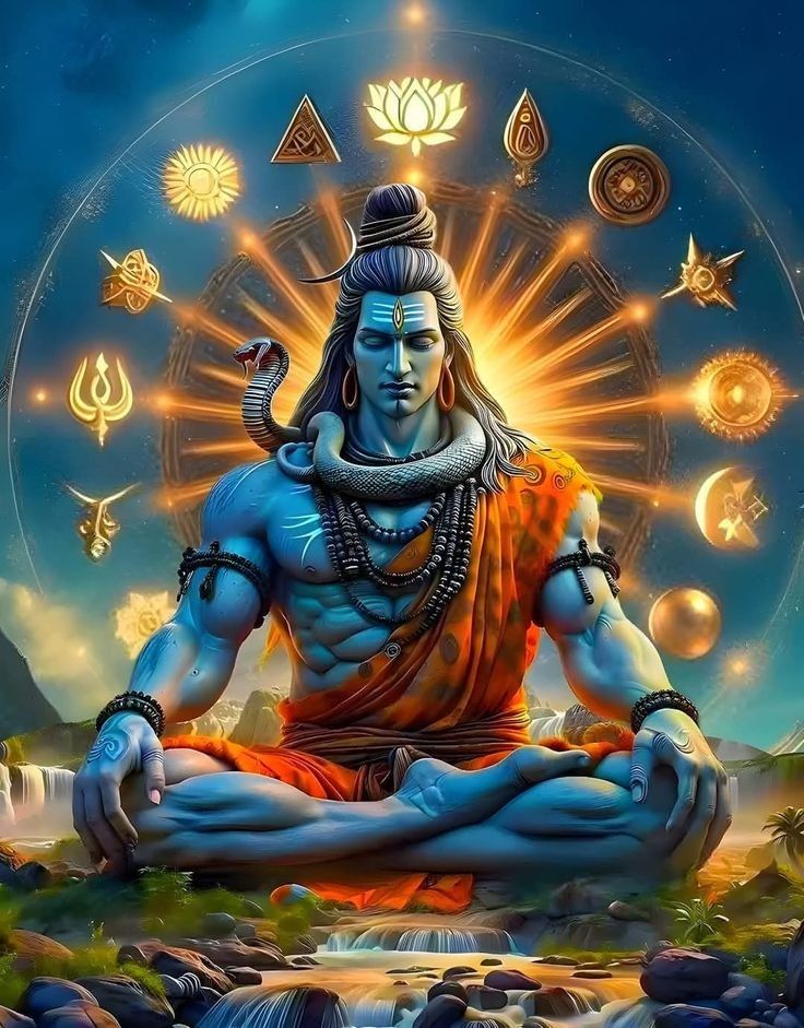 Meditating Shiva surrounded by cosmic symbols.
