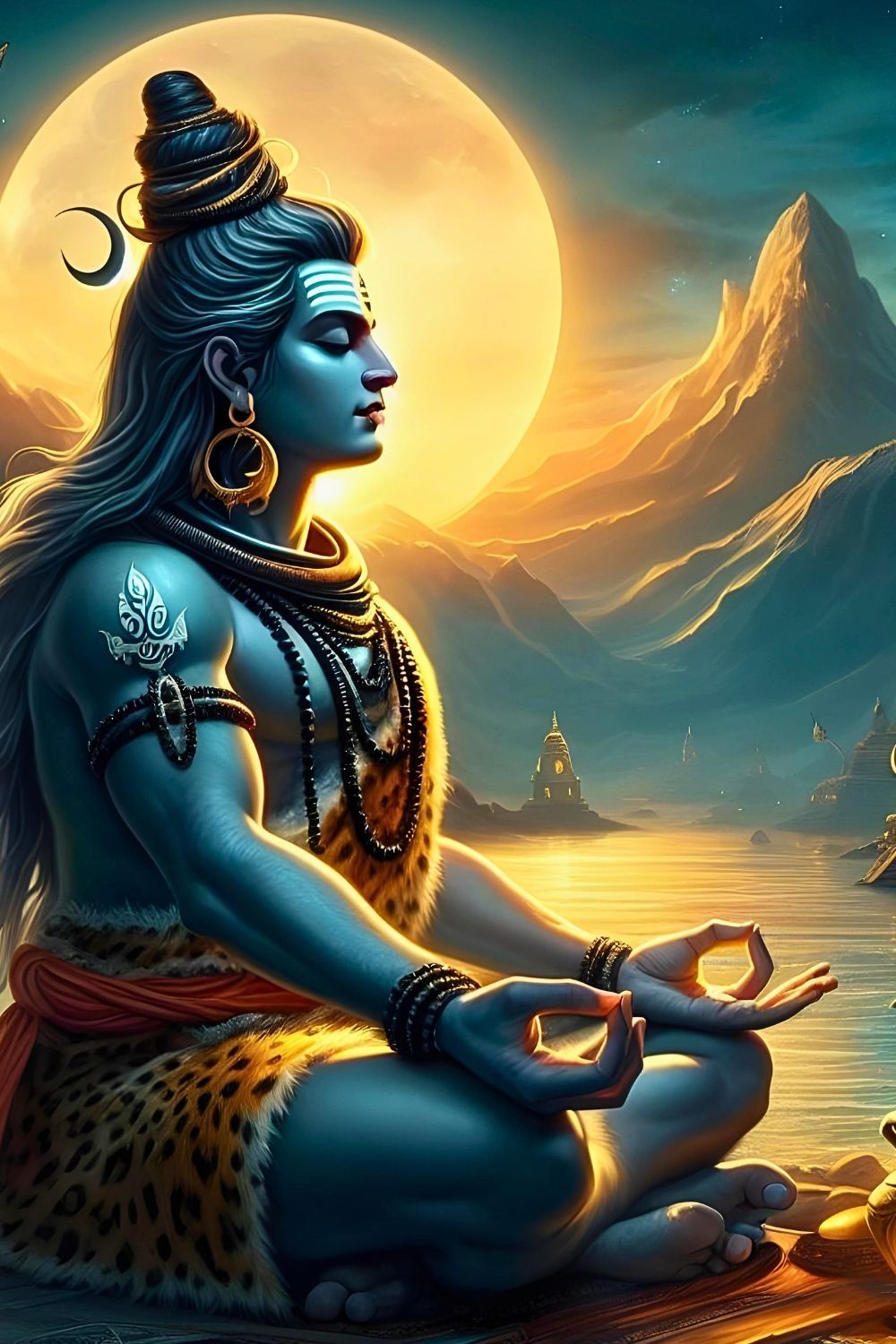 Meditating shiva in mountain landscape