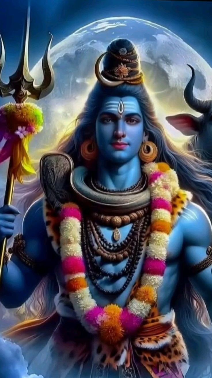 Blue-skinned Shiva with trident and crescent moon.