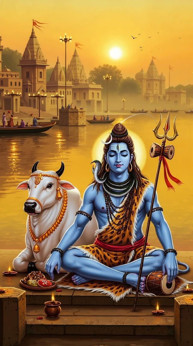 Shiva meditating with Nandi at sunset
