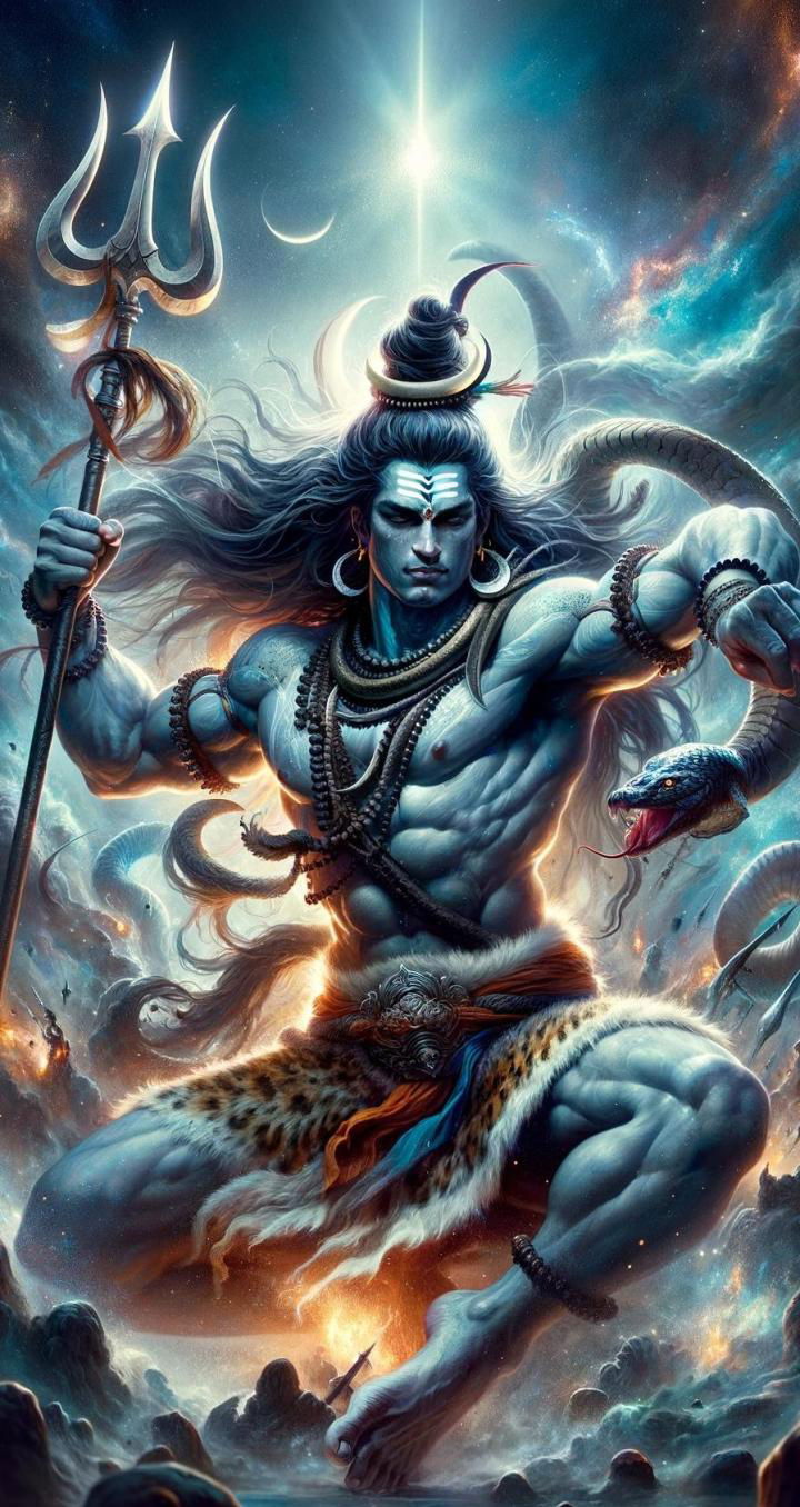 Powerful Shiva with Trishul and serpent.