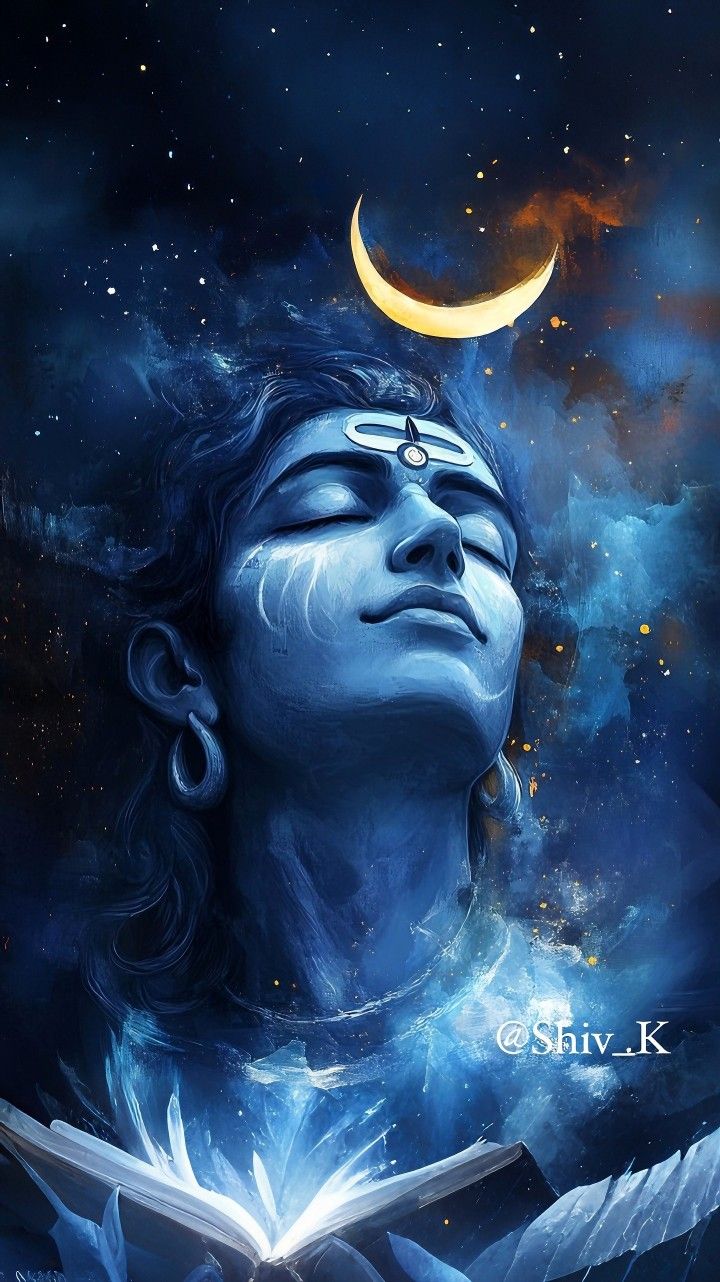 Shiva meditating under starry night sky