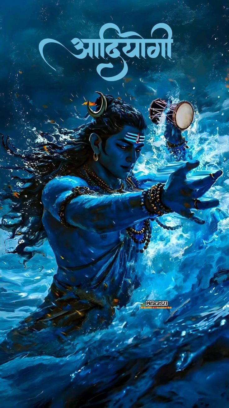 Blue-skinned Shiva meditating amidst cosmic energy