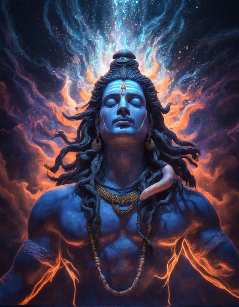 Meditating Shiva amidst cosmic flames.
