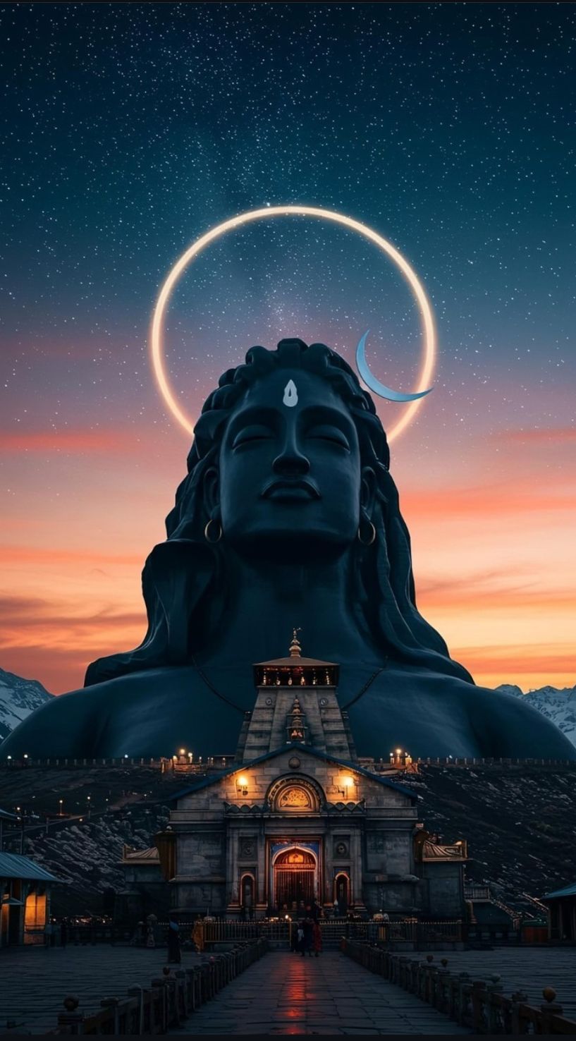Lord Shiva overlooking a temple at night