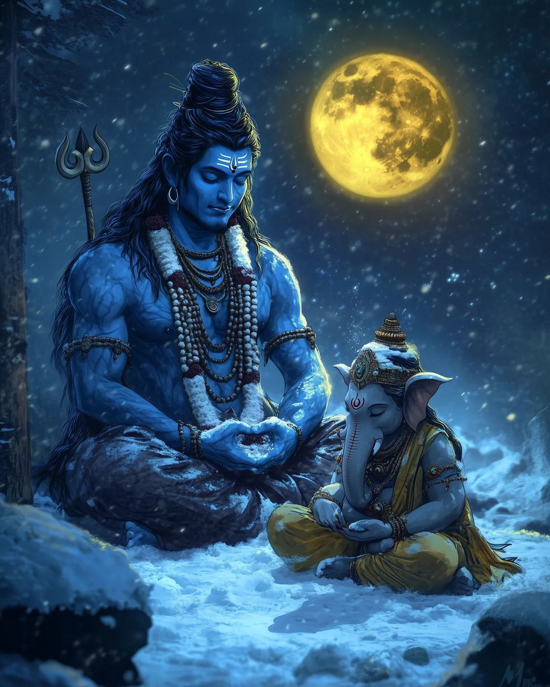Shiva and Ganesha in snowy mountains
