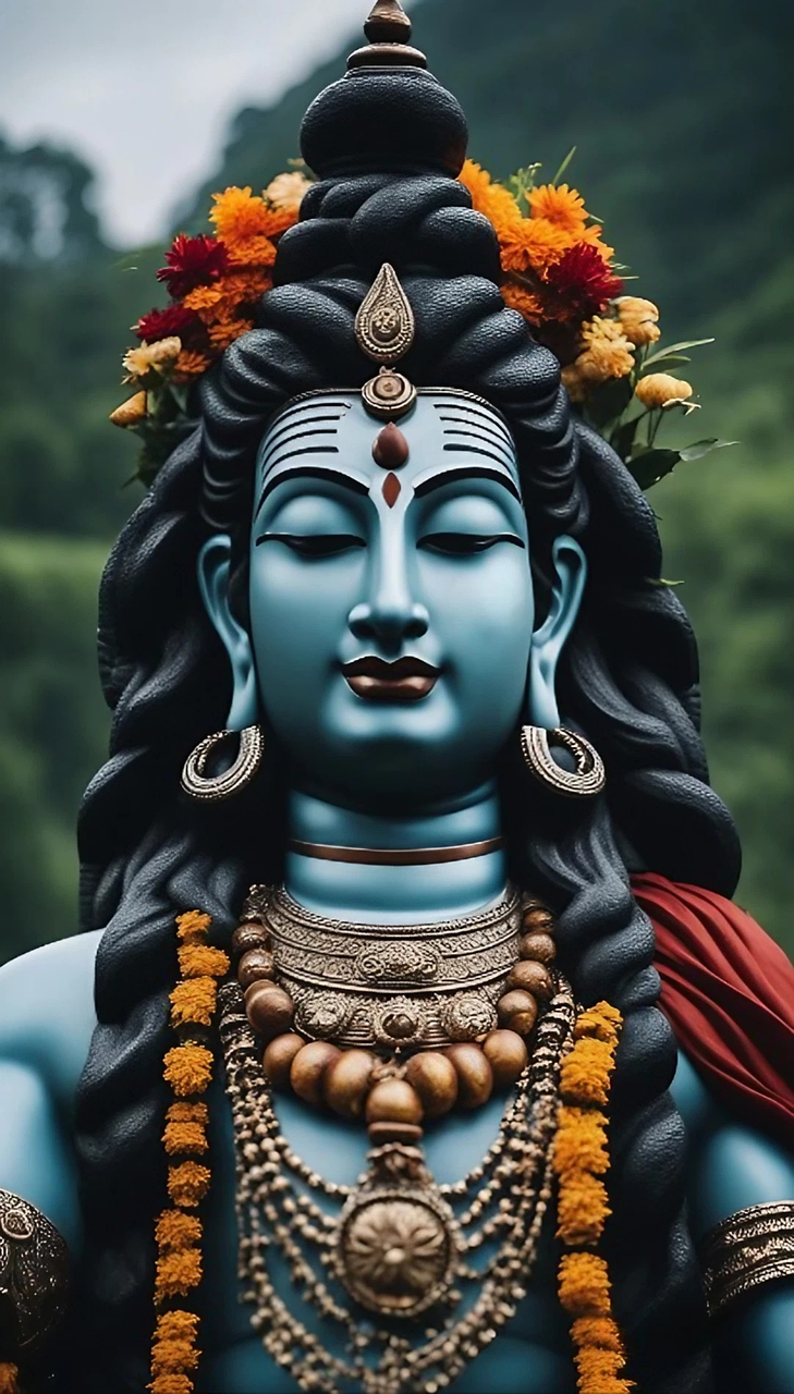 Peaceful Shiva with floral adornments