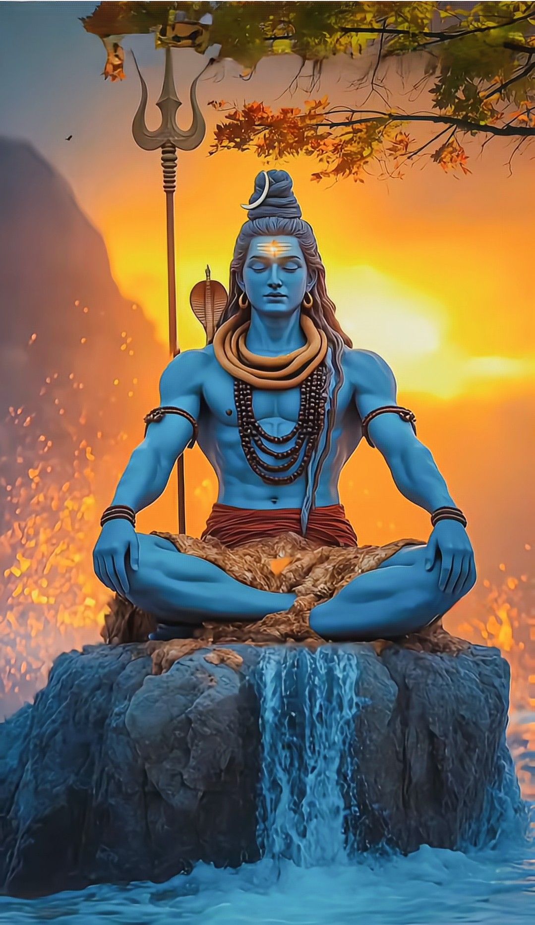 Meditating Shiva amidst sunset landscape