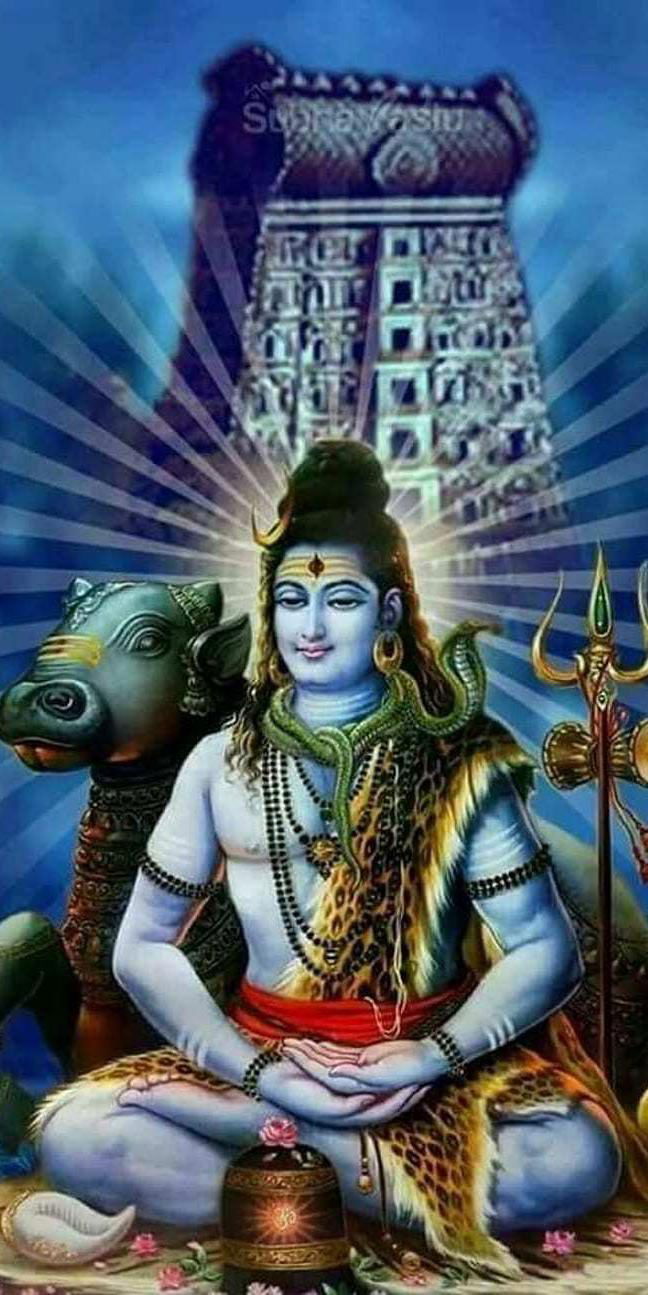 Lord Shiva meditating with Nandi bull.