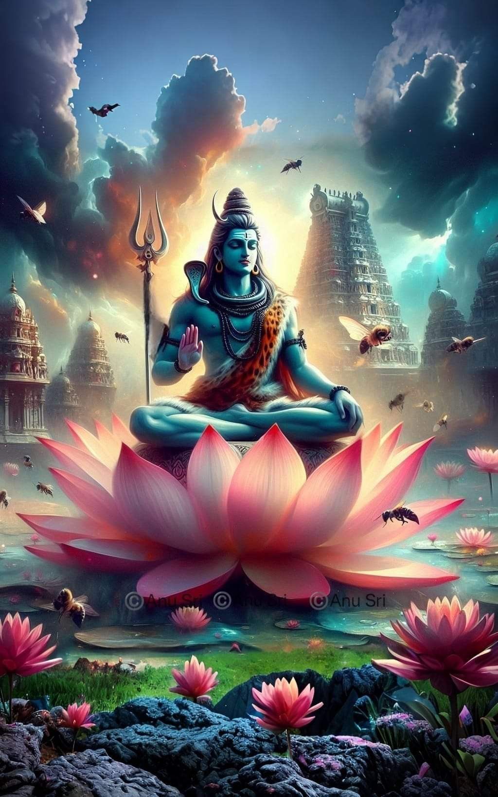 Shiva meditating on a lotus flower
