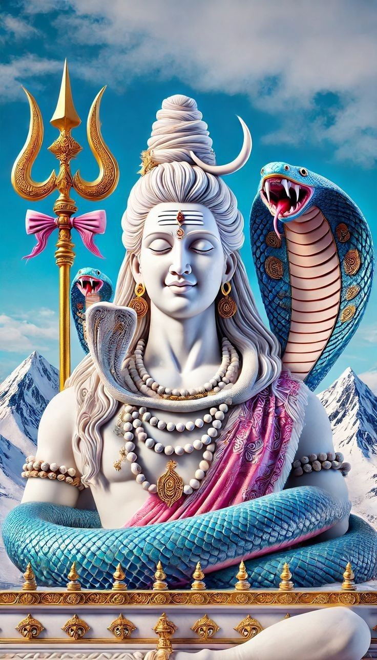 Meditating Shiva amongst snowy mountains