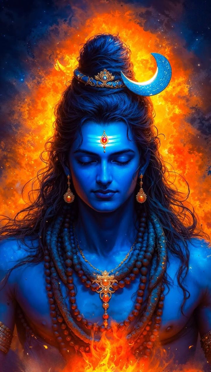Meditating Shiva with cosmic fire background