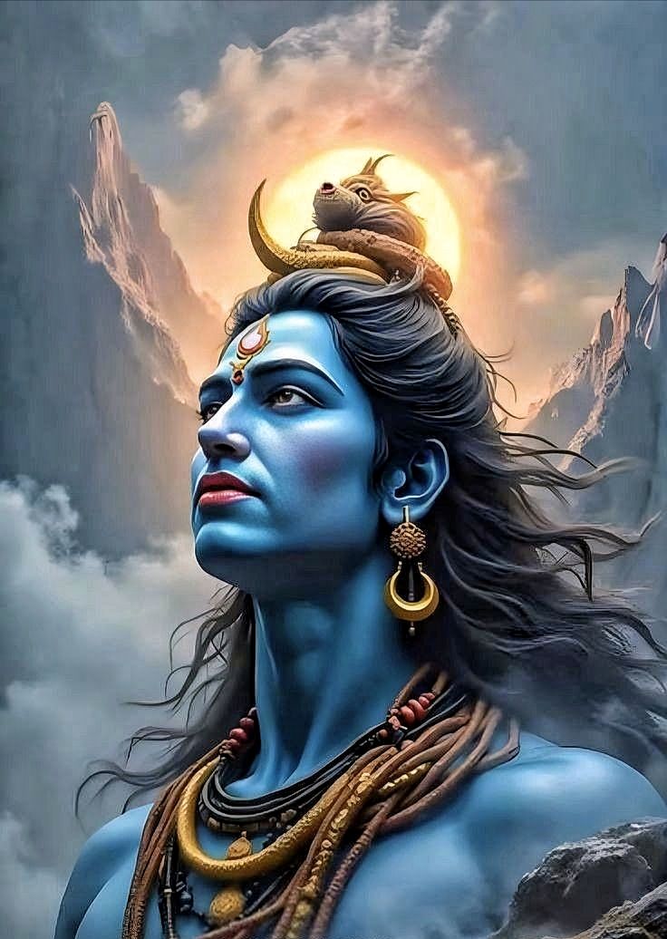 Shiva meditating amidst mountains