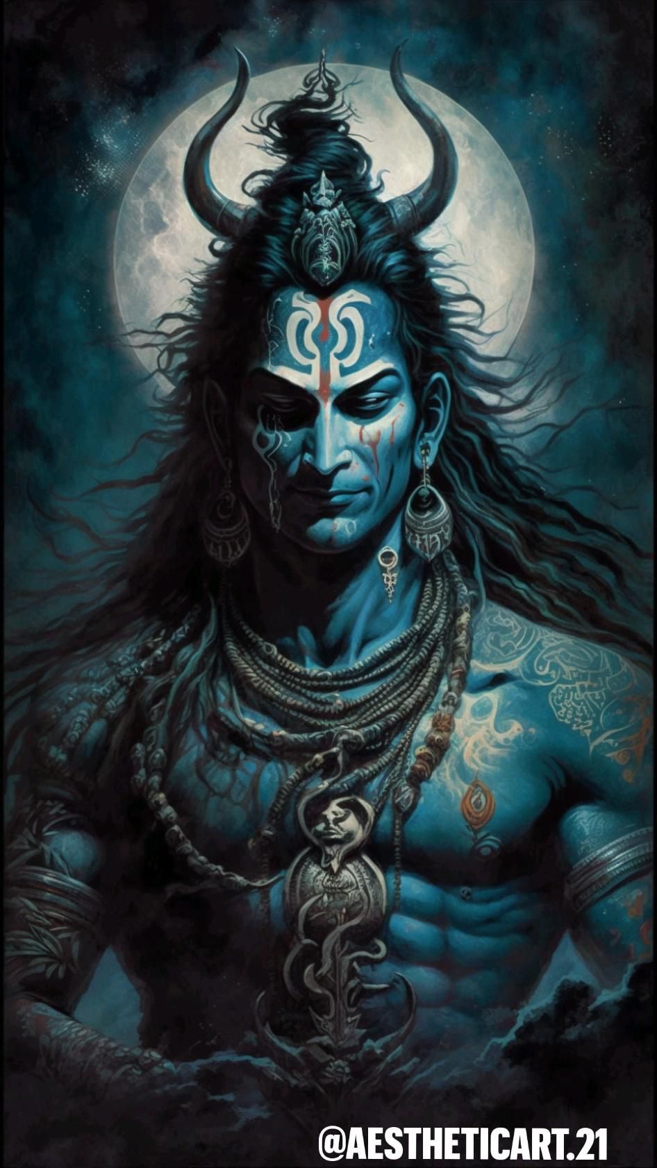Powerful Shiva portrait with cosmic background
