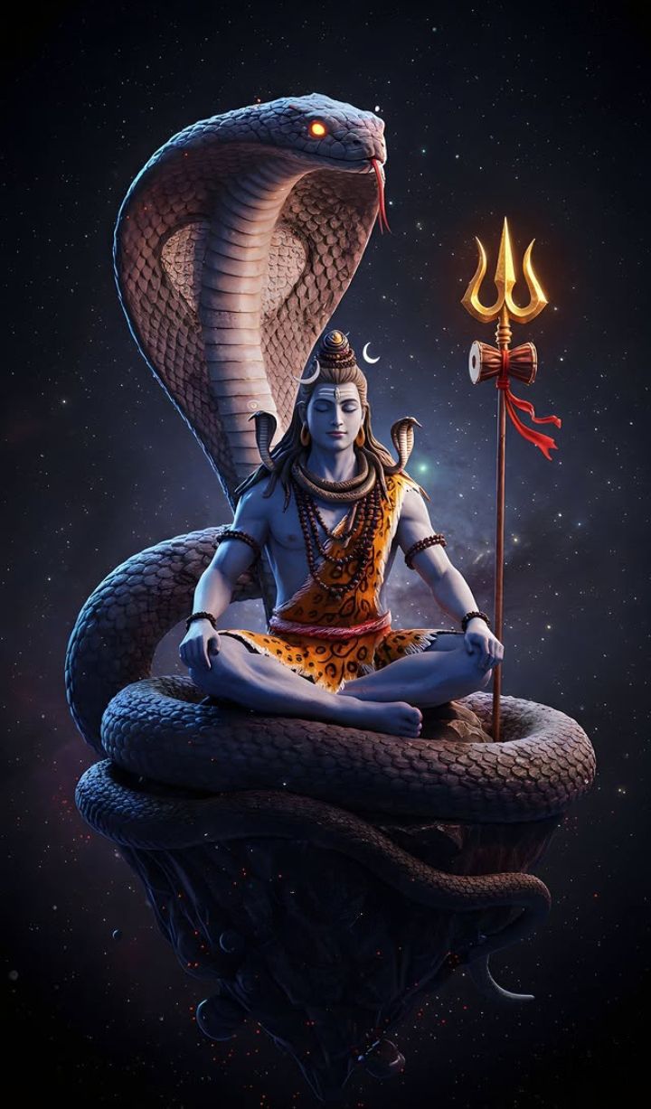 Meditating Shiva amidst cosmic serpent.
