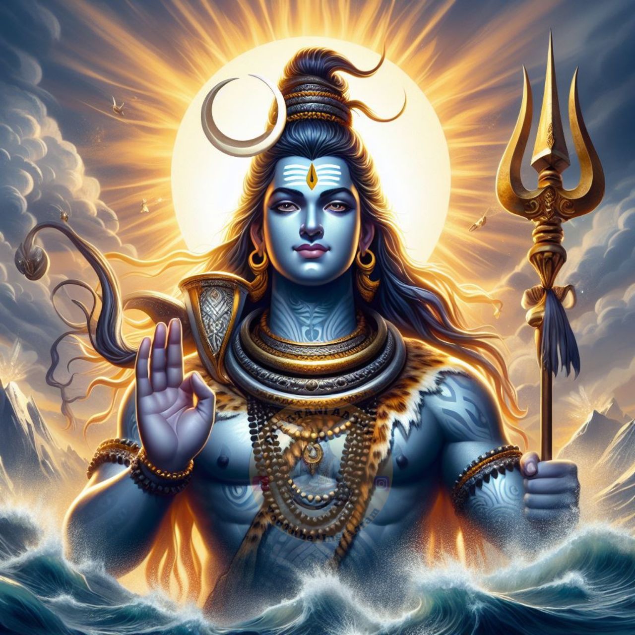 Blue-skinned Shiva with Trishul and halo.
