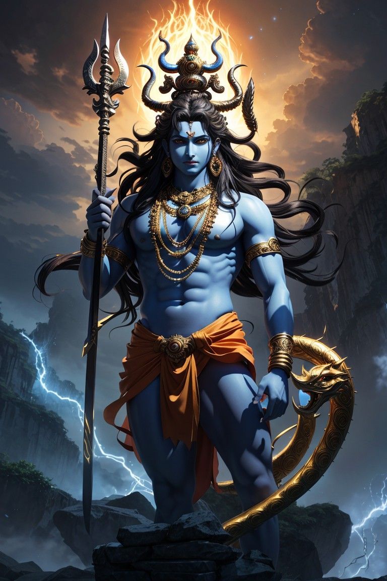 Powerful Shiva stands with trident and serpent.