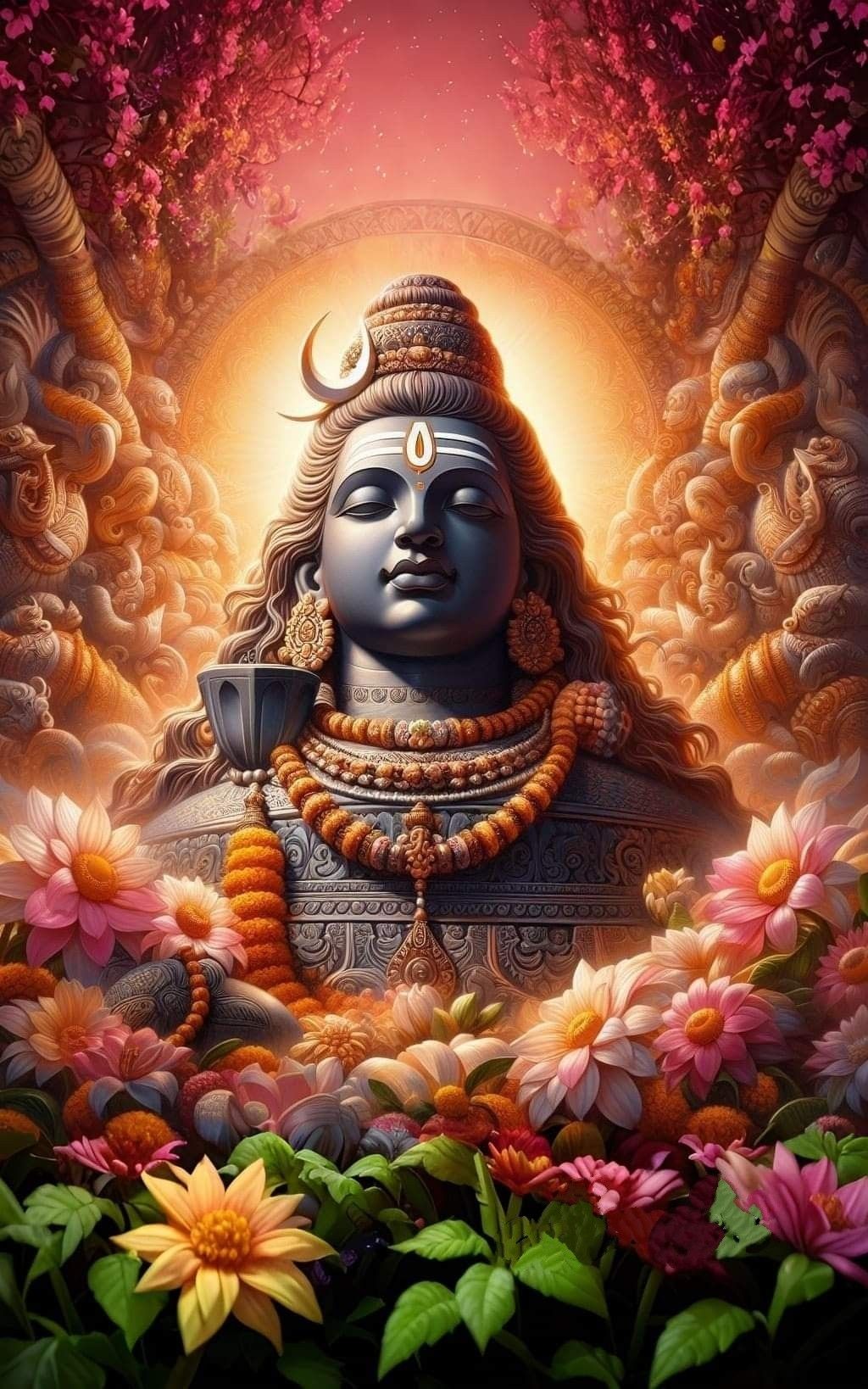 Serene Shiva portrait surrounded by flowers.