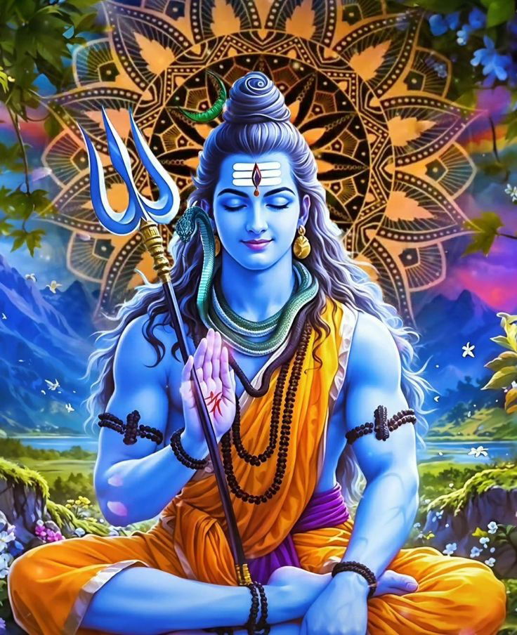 Meditating Shiva amidst a lotus garden.