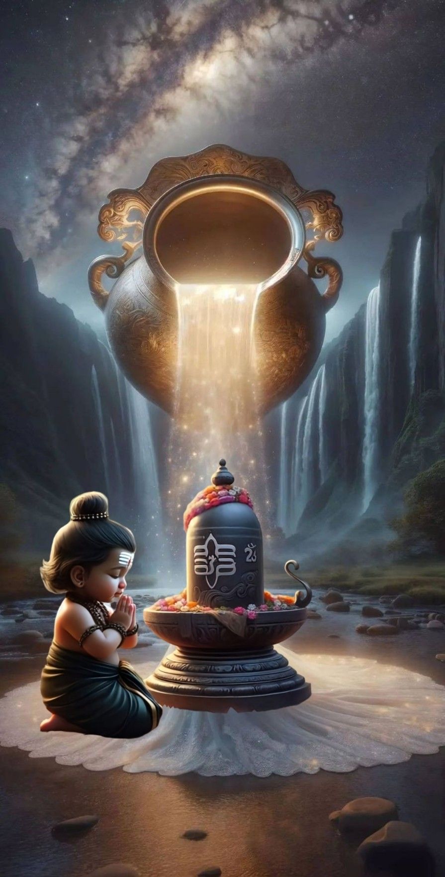 Devotee prays before Shivalinga and kalasha.