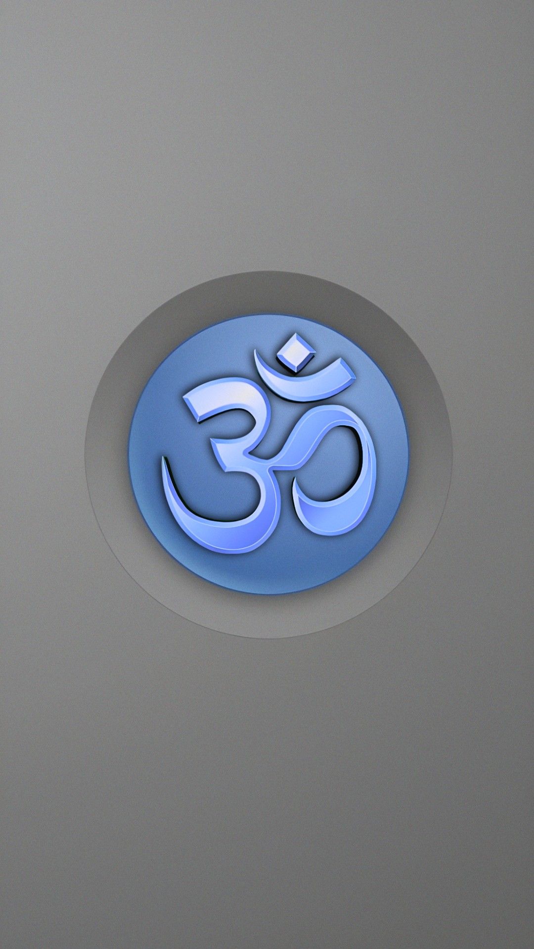 Glowing Om symbol on gray background.