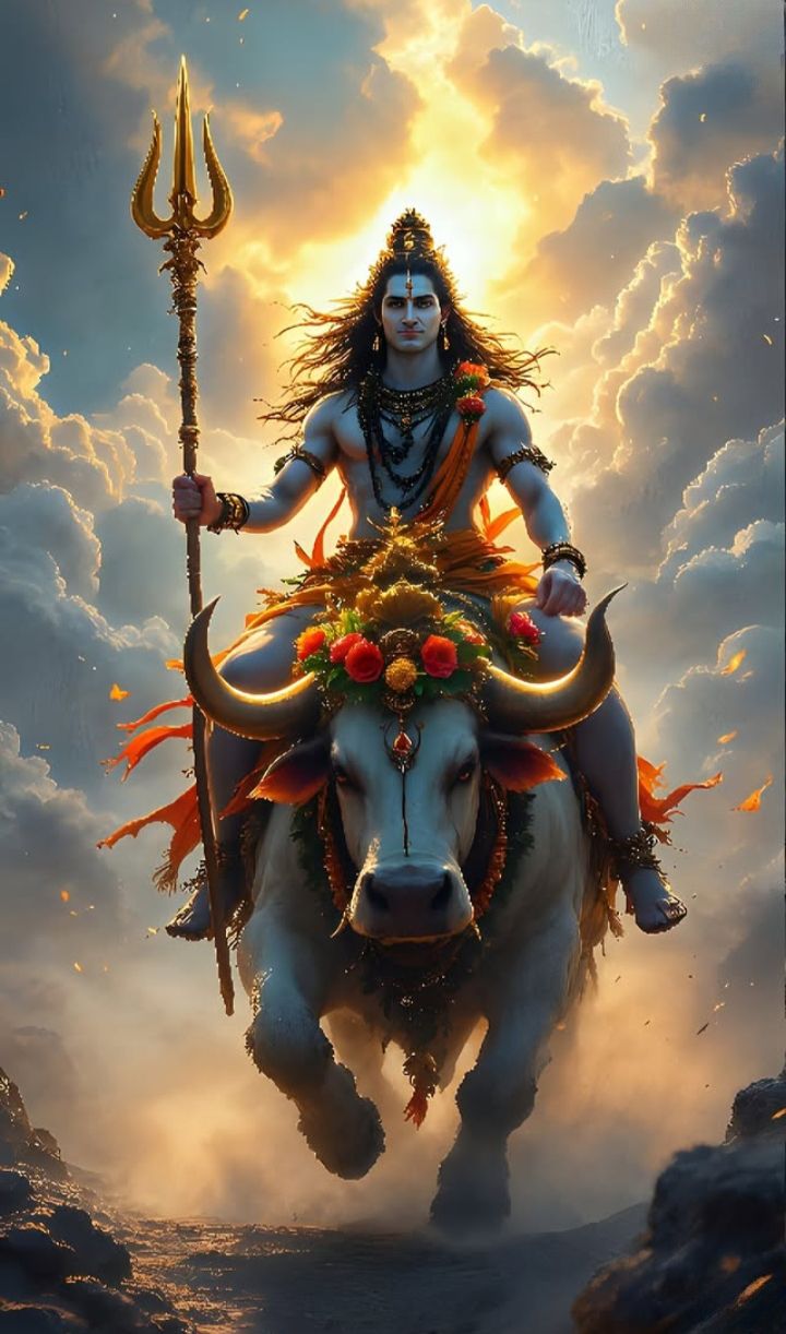 Shiva riding Nandi bull in sky