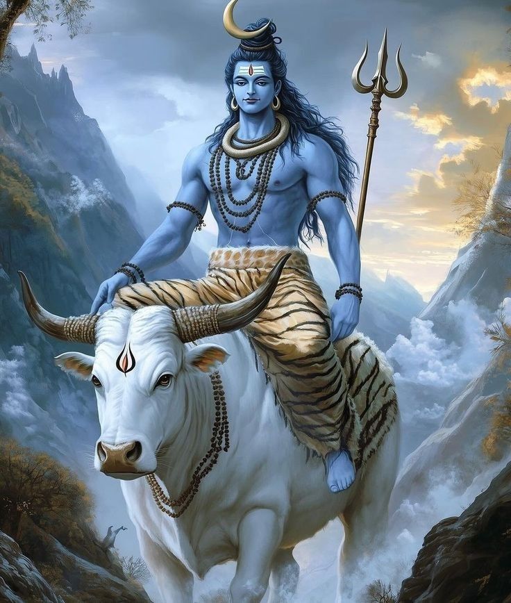 Shiva riding Nandi, mountain backdrop