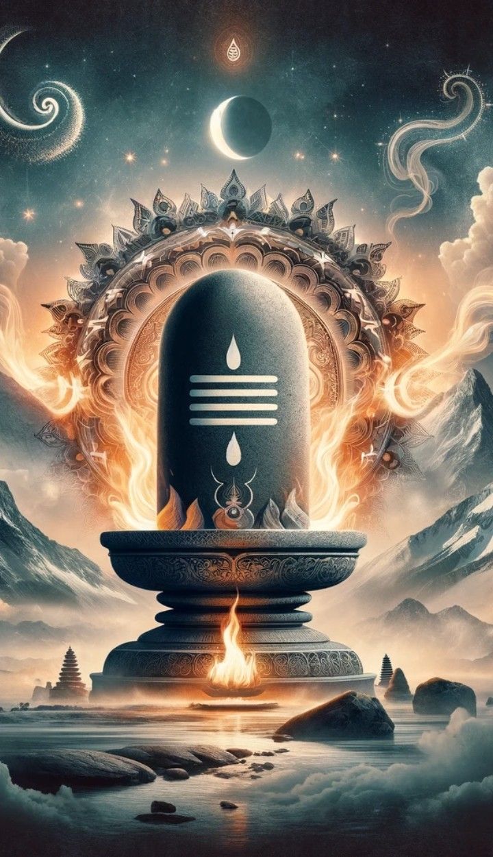 Glowing shivalinga under crescent moon