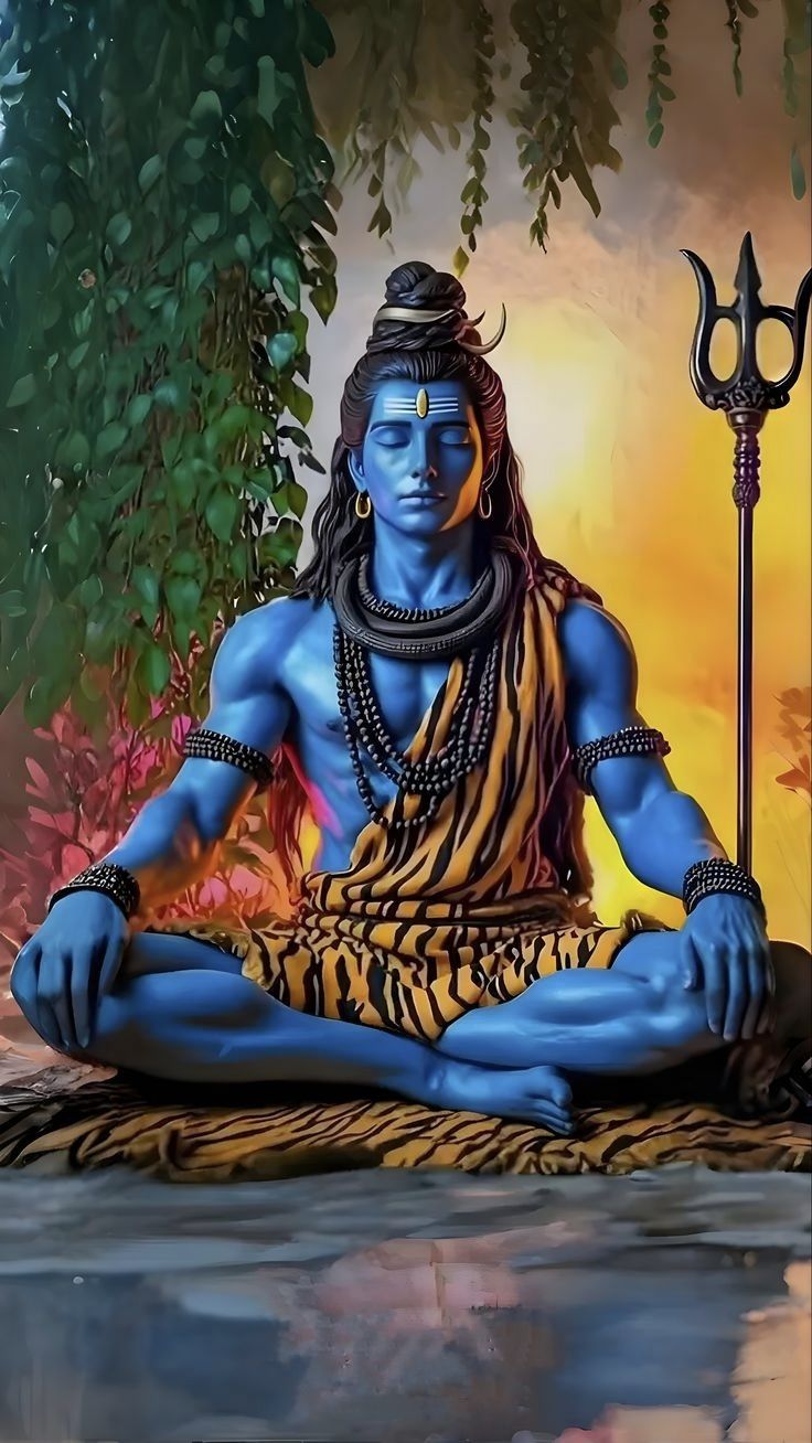 Meditating Shiva in a vibrant setting