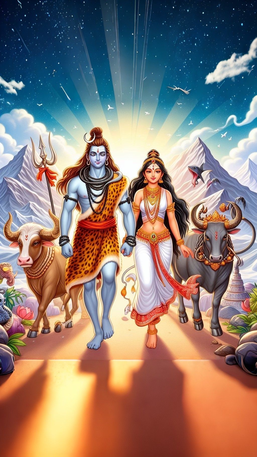 Shiva Parvati walking with Nandi bulls